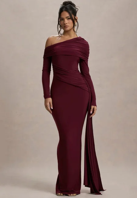Stunning Backless Maxi Gown with Diagonal Collar Design