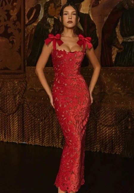 Luxe Bows Lace Maxi Dress - Elegant Sleeveless Party Wear