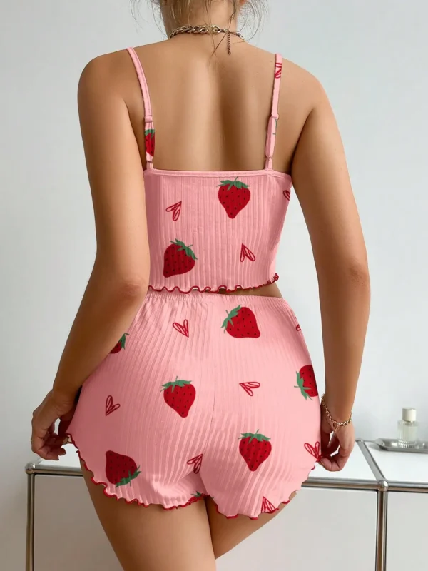 Summer Strawberry Print Ice Silk Camisole Pajama Set for Women