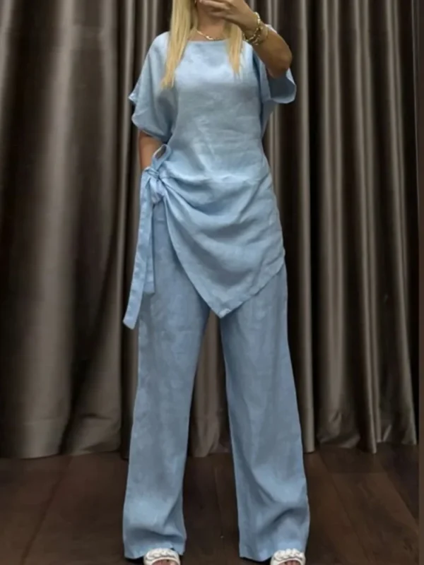 Chic Lace-Up Cotton Linen Suit for Effortless Summer Style