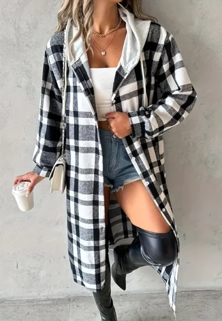 Checkered Hooded Trench Coat Women Spring Autumn Commuter Style