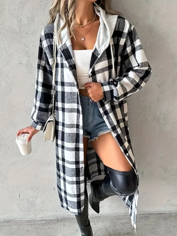 Checkered Hooded Trench Coat Women Spring Autumn Commuter Style
