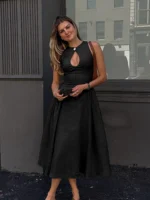 Elegant Black A-Line Maxi Dress with Hollow-Out Design - Image 4