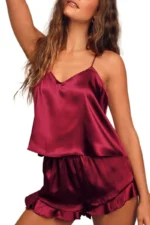 Luxurious Silk Satin Pajama Set - V-Neck Cami & Ruffled Shorts - Image 5