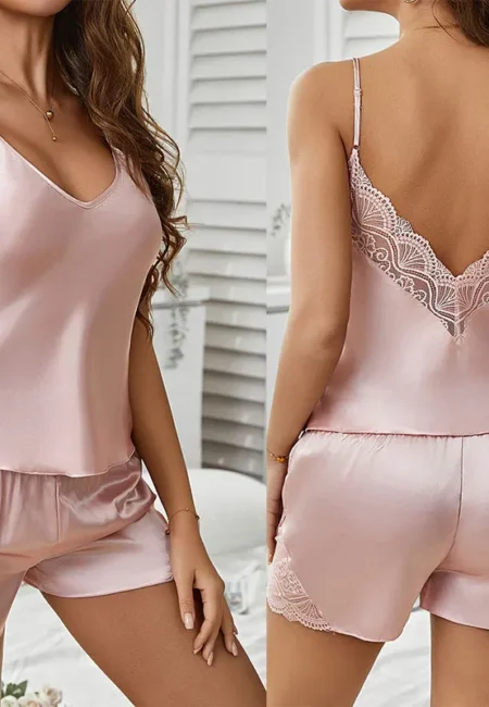Satin Deep V Backless Lace Pajama Set - Summer Sleepwear
