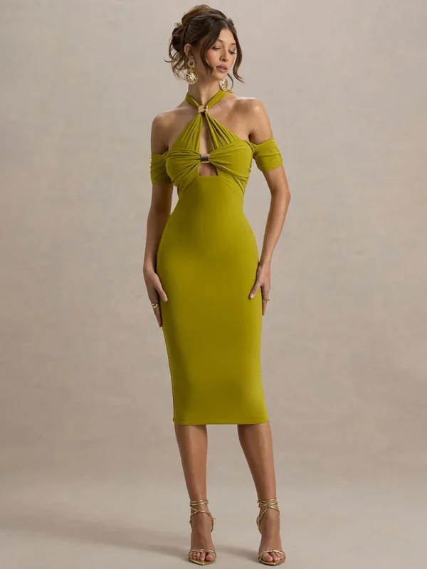 Moopsi  Hollow Out Halter Backless Midi Dress Women Fashion Off-shoulder Sleeveless Club Party Long Dress Elegant