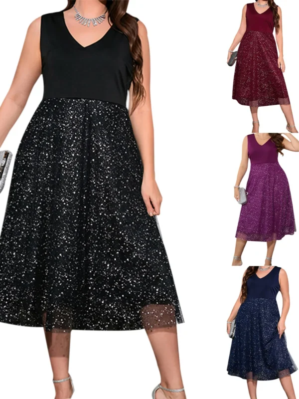 Plus Size Sequin V-Neck Midi Dress for Summer Style