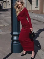 Sophisticated White Maxi Dress with Ruched Design for Fall Elegance - Image 5