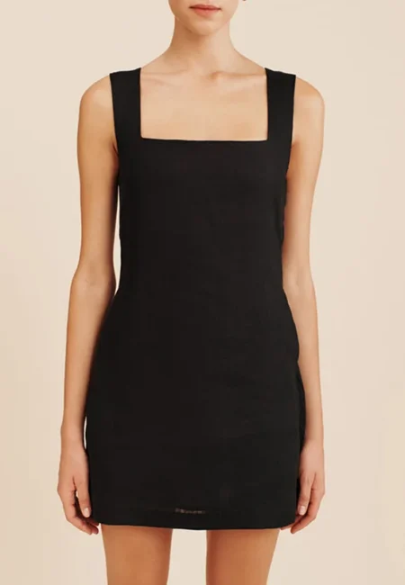Black Linen Mini Dress Square Neck Empire Waist Summer Style