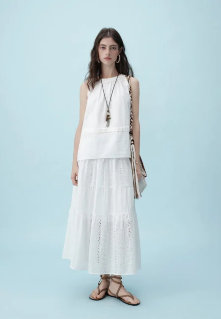 ZIQIAO Summer Women's Elegant Laser-Cut Two-Piece Set
