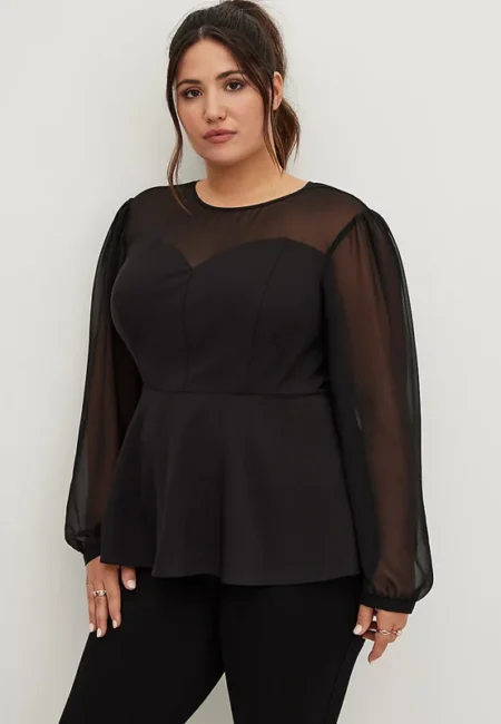 Elegant Plus Size Peplum Blouse with Chiffon Sleeves - Black