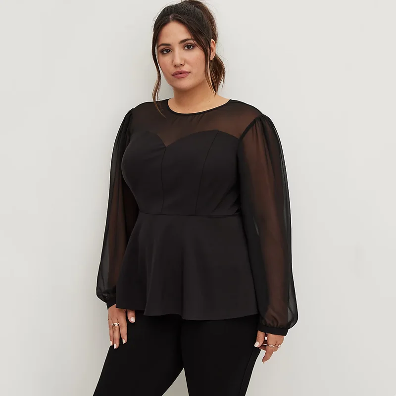 Kf-Sbfc15C9D837A486C8E2Bb62Da9E63D2Am Elegant Plus Size Peplum Blouse With Chiffon Sleeves - Black