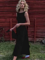 Moopsi  Backless A-line Maxi Dress For Women Fashion Solid O Neck Sleeveless Long Dress Ladies Gown High Waist Tank Dresses - Image 5