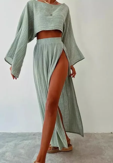 Elegant Summer Two-Piece Cotton Linen Skirt Set for Women