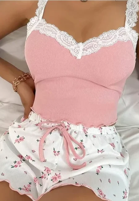 Dreamy Pink Lace V-Neck Pajama Set - Soft Summer Sleepwear