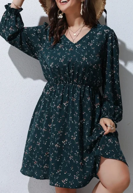Plus Size Boho Floral Midi Dress with Puff Sleeves