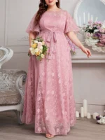 Plus Size Pink A-Line Dress with Floral Lace & Tulle Elegance - Image 3