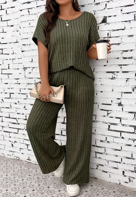 Striped Wide Leg Lounge Set - Comfy Polyester Two Piece Outfit
