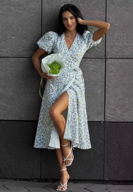 Elegant Floral Print Cotton Dress for Women - V-Neck A-Line