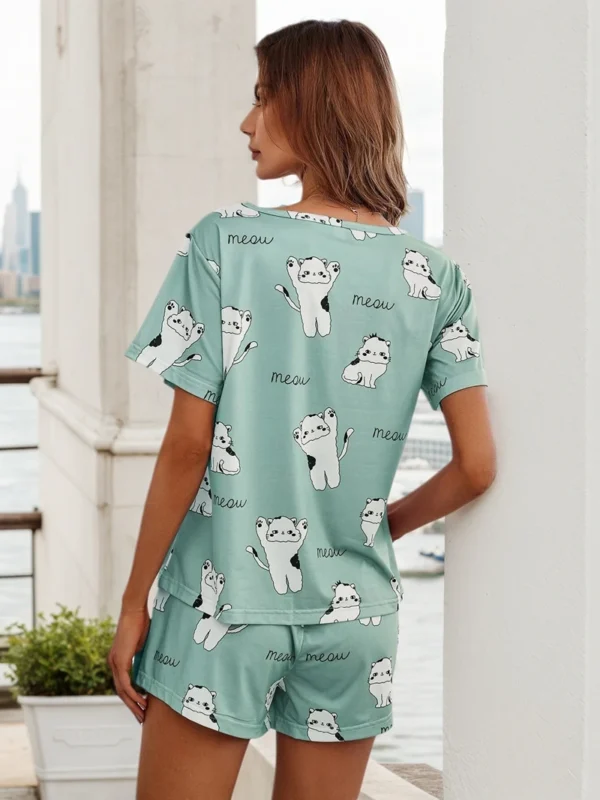 Playful Cat Print Women's Pajama Set for Cozy Summer Nights