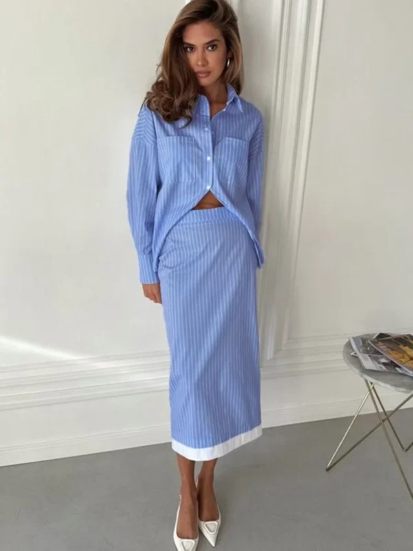 Chic Striped Skirt Suit for Women - Elegant Two-Piece Set