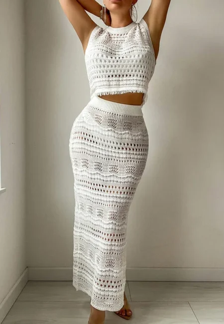 Stunning Hollow-Out Knit Beach Cover-Up Two-Piece Set