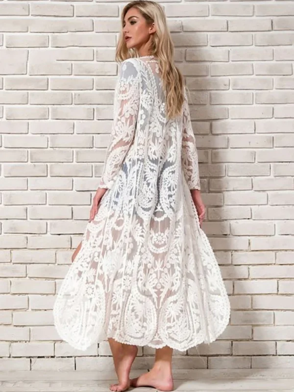 Bohemian White Lace Kimono Cover-Up for Beach Elegance