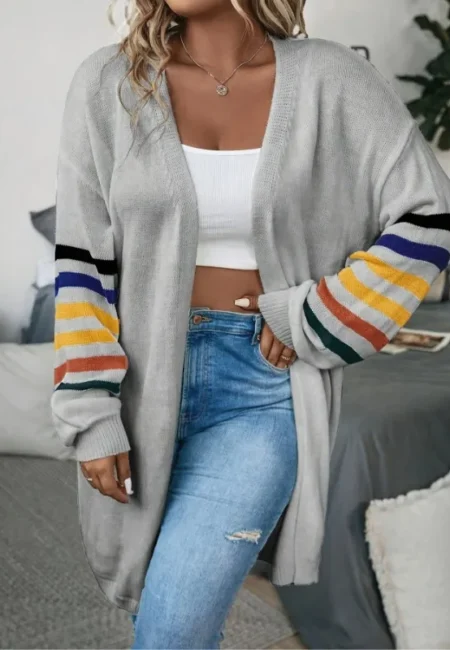Cozy Gray Striped Long Cardigan - Soft Knit Open Front Sweater
