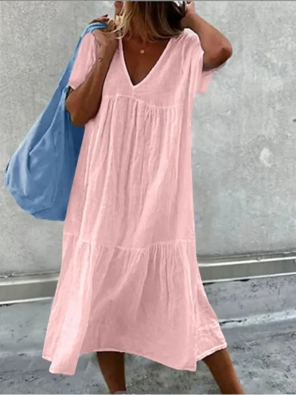V-Neck Cotton Linen Midi Dress for Effortless Summer Style