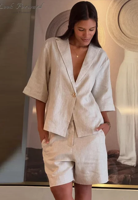 Women's V-Neck Cotton Linen Button Shirt & Shorts Summer Set
