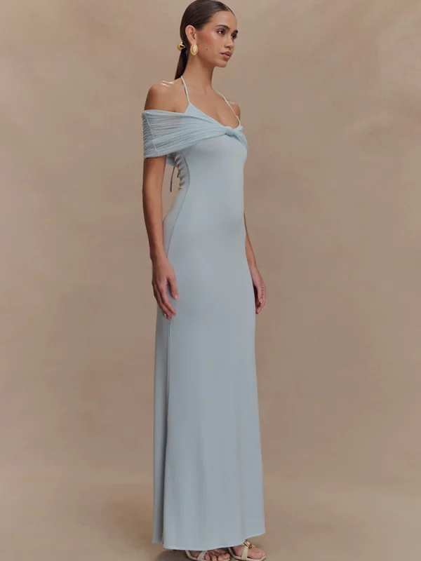 Elegant Blue Off Shoulder Halter Maxi Dress for Summer Soirées