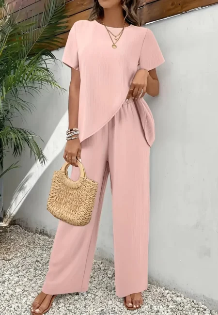 Pink Polyester Loungewear Set - Breathable O-Neck Top & Wide Pants