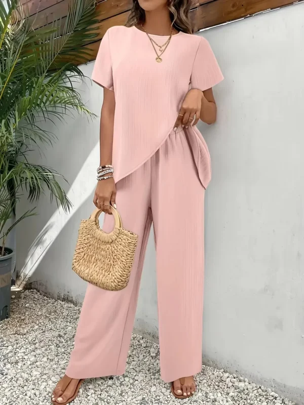 new fashion casual plus-size women's set, featuring a round-neck short-sleeve top paired with long pants, 2-piece outfit fo