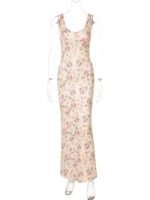Elegant Apricot Flower Print Suspender Dress for Parties - Image 6