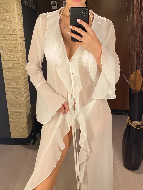 Chic V Neck Ruffled Chiffon Beach Cover-Up for Summer Elegance