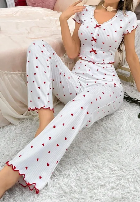 Charming Heart Print Frill Trim Pajama Set for Cozy Nights