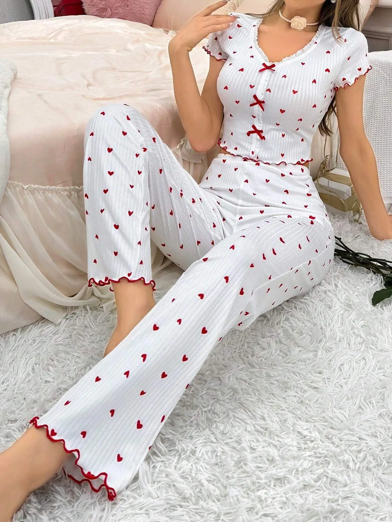 kf-Se5c115cada9749cbb9d45f9f575182bfe Charming Heart Print Frill Trim Pajama Set for Cozy Nights