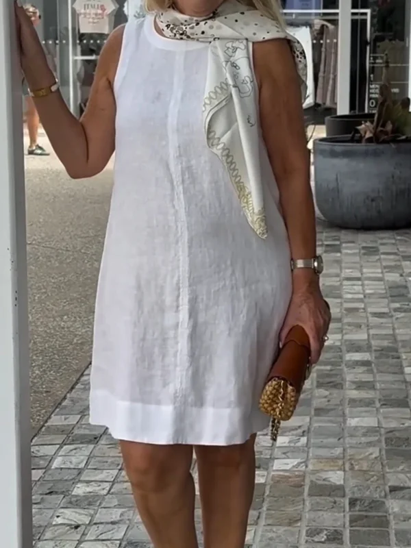 Women's Cotton Linen O-Neck Summer Dress - High Waist Comfort