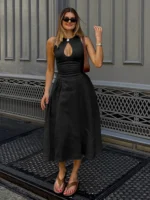 Elegant Black A-Line Maxi Dress with Hollow-Out Design - Image 5