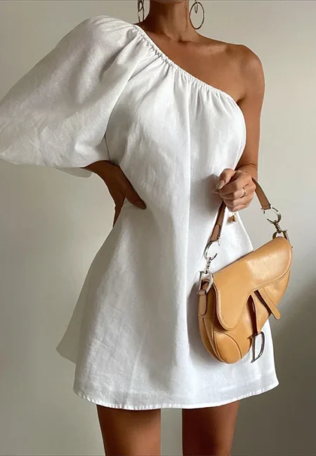 White Cotton Linen One Shoulder Mini Dress Lantern Sleeves A-Line
