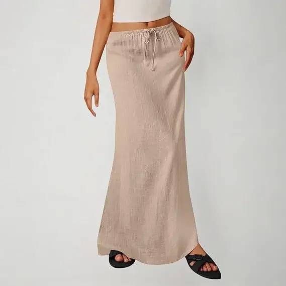 Summer Ladies Casual Pure Color Linen A- Line Skirt Half-length Drawstring Waist Sash Elegant Drifting Skirts for Women