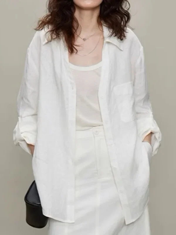 White Linen Shirt, Women's Summer Thin Shirt, Loose, Turn Down Collar, Cotton And Linen, Sun Protection Top
