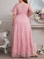 Plus Size Pink A-Line Dress with Floral Lace & Tulle Elegance - Image 5