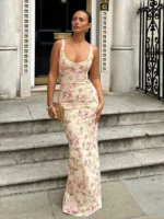 Elegant Apricot Flower Print Suspender Dress for Parties