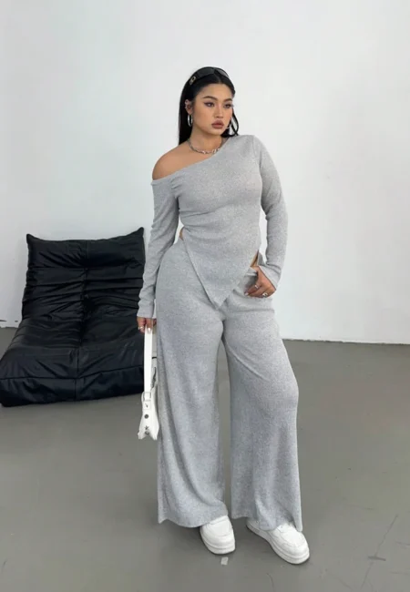 Grey Slash Shoulder Two Piece Set - Relaxed Wide Leg Comfort