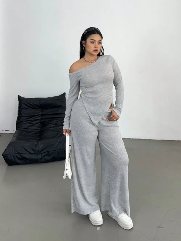 Plus Size  Slash Shoulder Long Sleeve Casual Pants Two Piece Set Commuter Style Leisure Solid Colour Home
