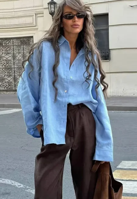 Luxe Cotton Linen Oversized Shirt Women Spring Summer Blouse