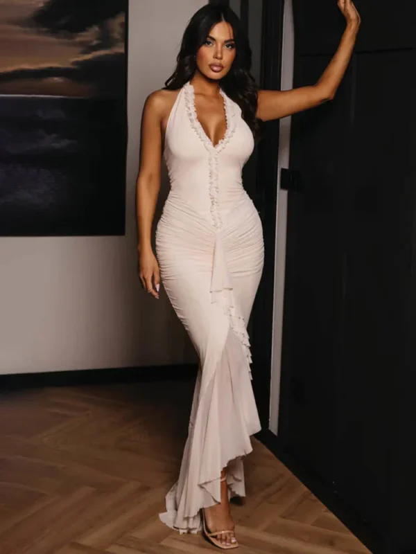 Elegant Moopsi Halter V-Neck Backless Maxi Dress for Parties