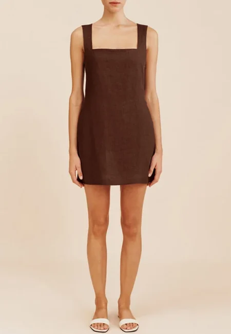 Breathable Cotton Linen Square Neck Summer Dress A-Line Mini