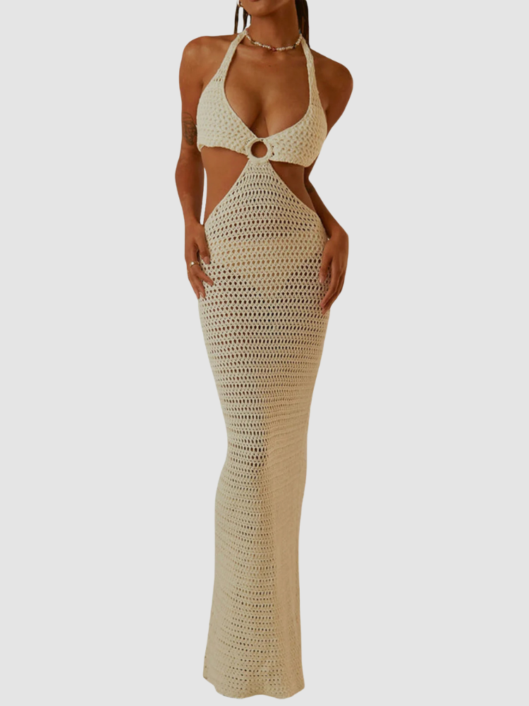 Moops0230 Stunning Knitted Halter Beach Cover-Up Backless V-Neck Dress